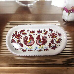 Vtg Ceramica Nova Deruta Italian Art Pottery 11x5.5"  Art Tray Red Roosters